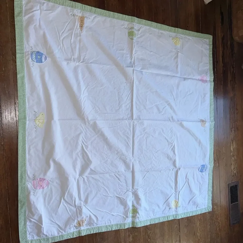 Pottery Barn Kids Easter Cotton Tablecloth Bunny Embroidered Square 60”x61”